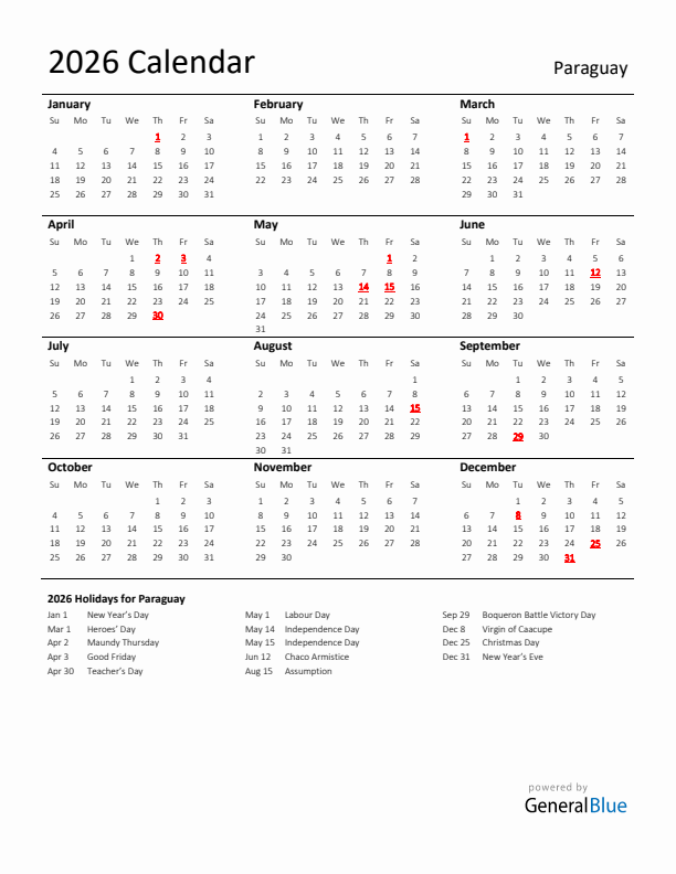 Standard Holiday Calendar for 2026 with Paraguay Holidays 