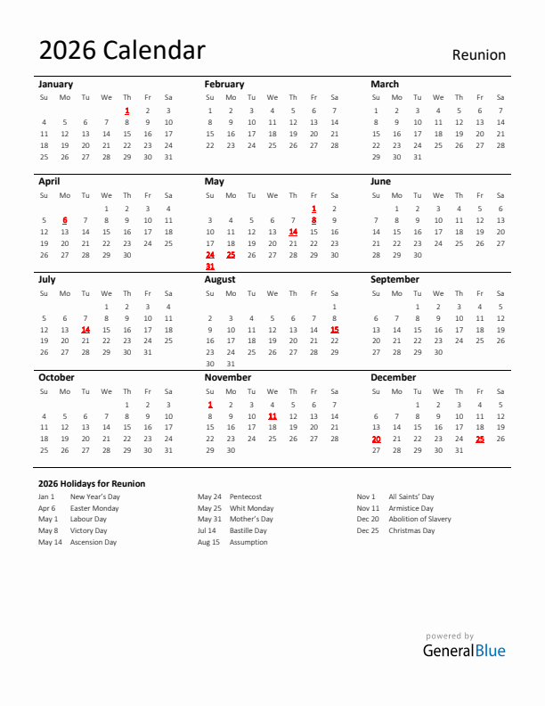 Standard Holiday Calendar for 2026 with Reunion Holidays 