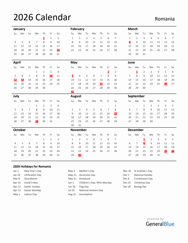 Standard Holiday Calendar for 2026 with Romania Holidays 