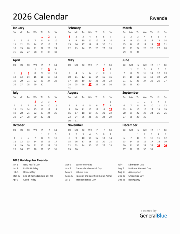 Standard Holiday Calendar for 2026 with Rwanda Holidays 