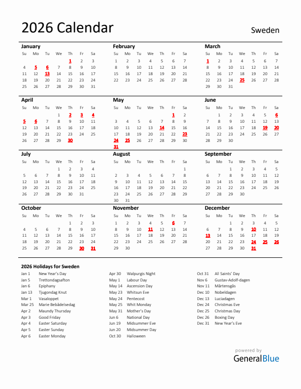 Standard Holiday Calendar for 2026 with Sweden Holidays 