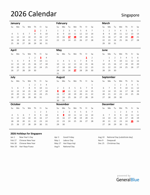 Standard Holiday Calendar for 2026 with Singapore Holidays 