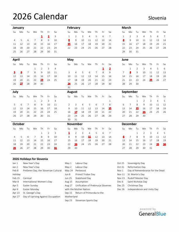 Standard Holiday Calendar for 2026 with Slovenia Holidays 