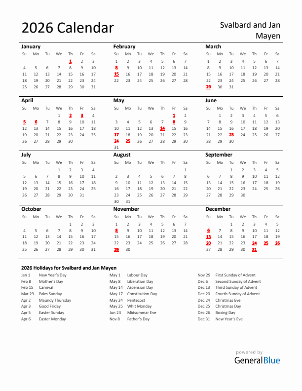 Standard Holiday Calendar for 2026 with Svalbard and Jan Mayen Holidays 