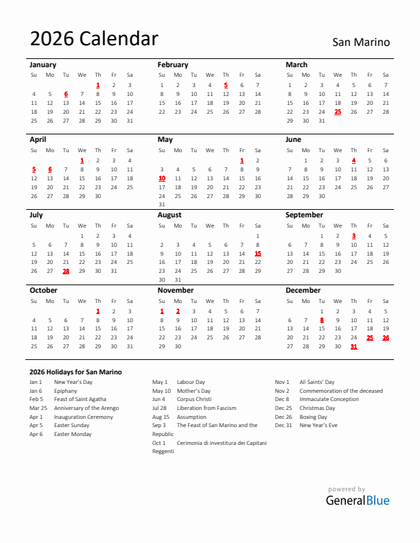 Standard Holiday Calendar for 2026 with San Marino Holidays 