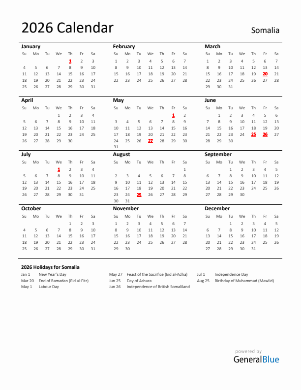 Standard Holiday Calendar for 2026 with Somalia Holidays 