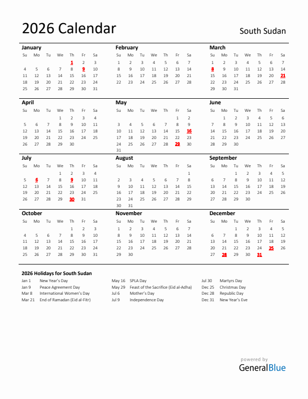 Standard Holiday Calendar for 2026 with South Sudan Holidays 