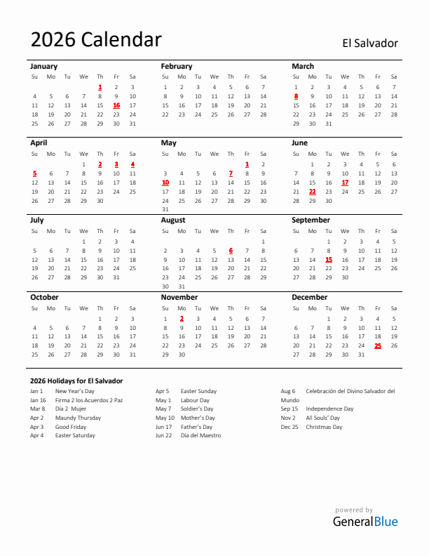 Standard Holiday Calendar for 2026 with El Salvador Holidays 