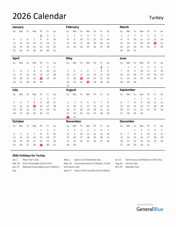 Standard Holiday Calendar for 2026 with Turkey Holidays 