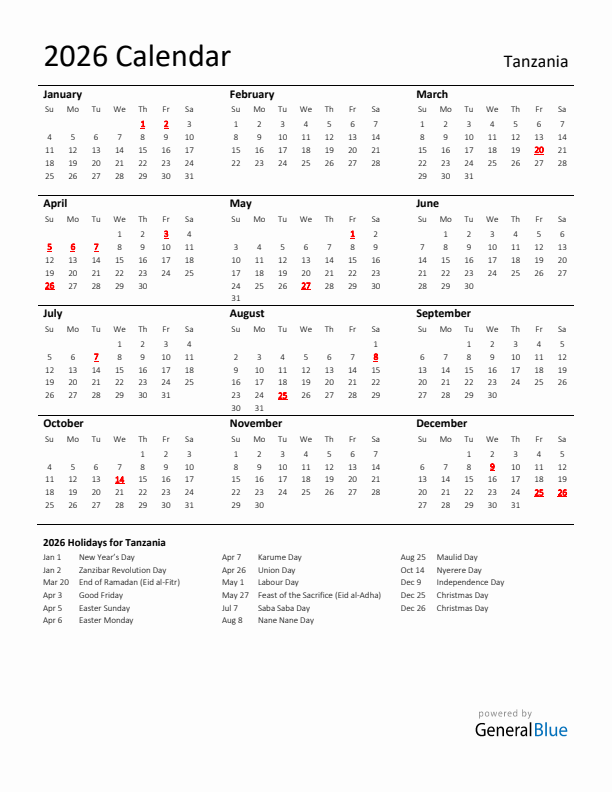 Standard Holiday Calendar for 2026 with Tanzania Holidays 