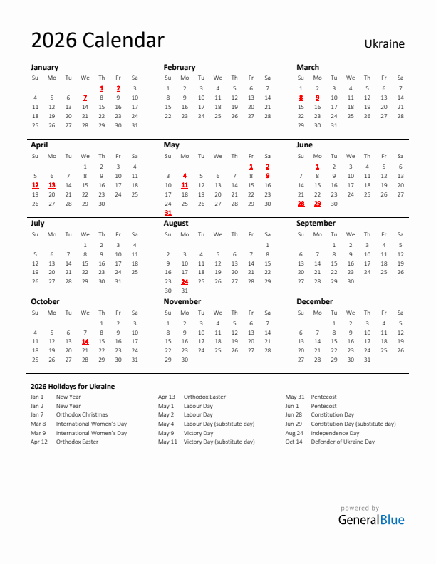 Standard Holiday Calendar for 2026 with Ukraine Holidays 