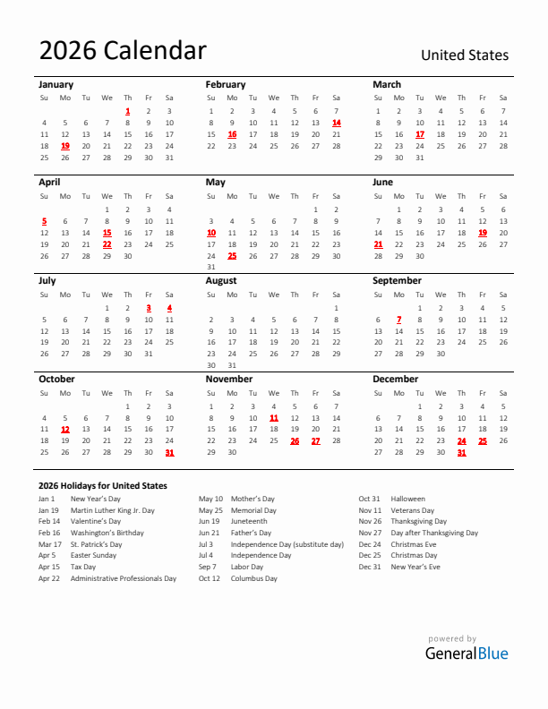 Standard Holiday Calendar for 2026 with United States Holidays 