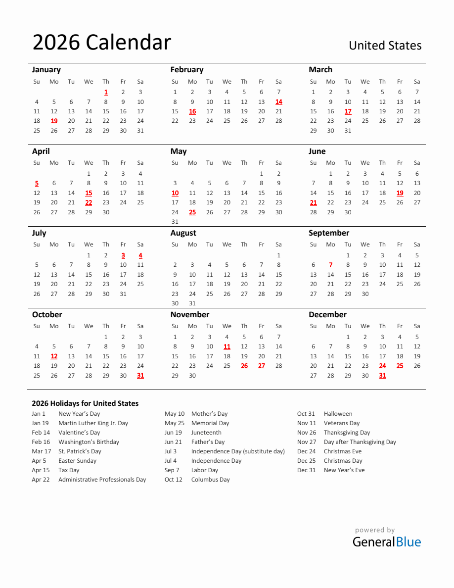 Standard Holiday Calendar for 2026 with United States Holidays