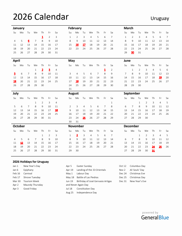 Standard Holiday Calendar for 2026 with Uruguay Holidays 