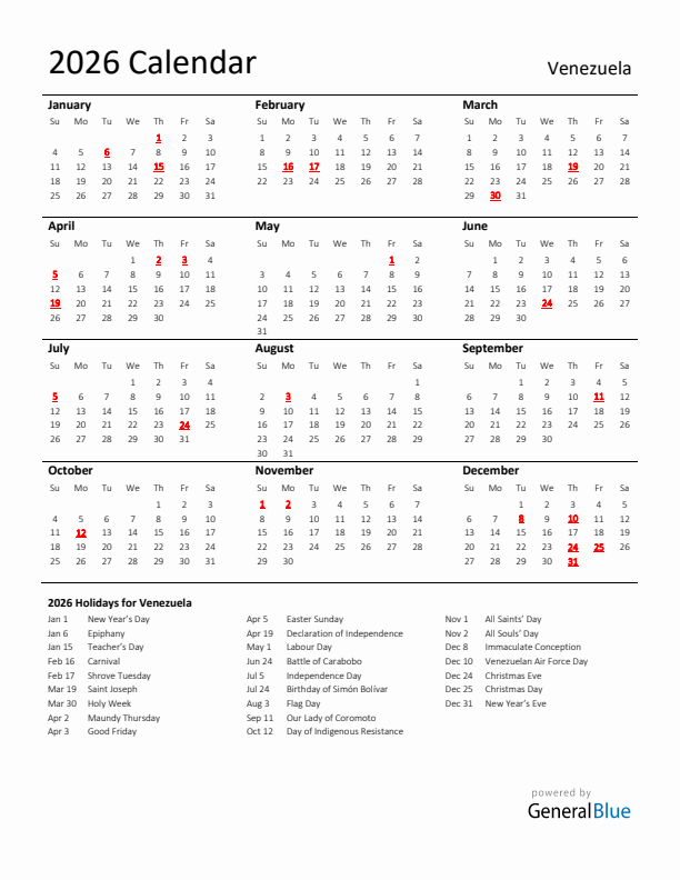 Standard Holiday Calendar for 2026 with Venezuela Holidays 