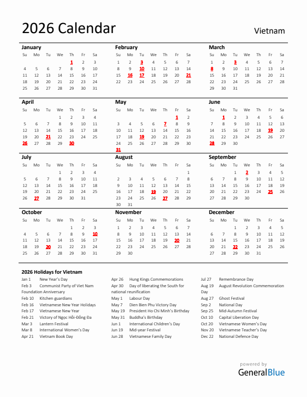 Standard Holiday Calendar for 2026 with Vietnam Holidays 