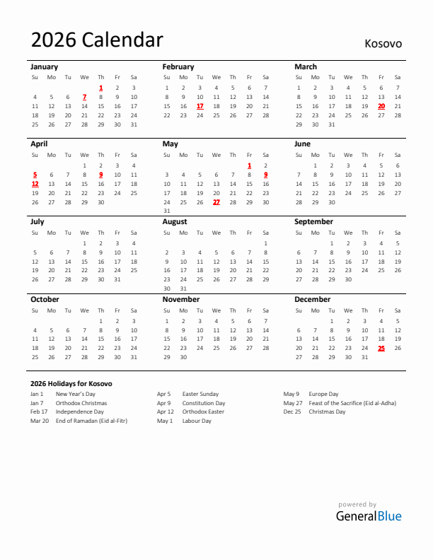 Standard Holiday Calendar for 2026 with Kosovo Holidays 