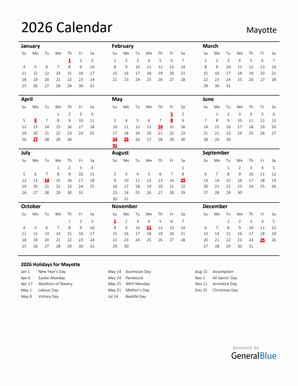 Standard Holiday Calendar for 2026 with Mayotte Holidays 