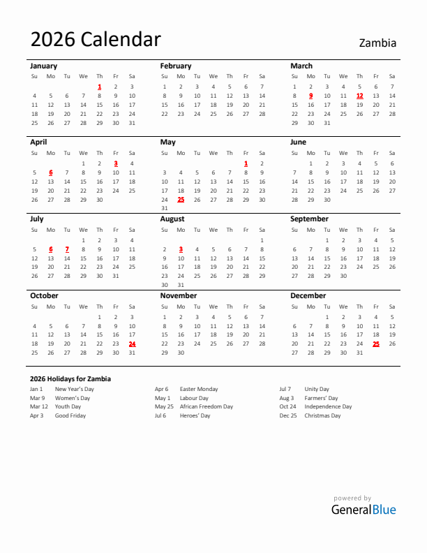Standard Holiday Calendar for 2026 with Zambia Holidays 