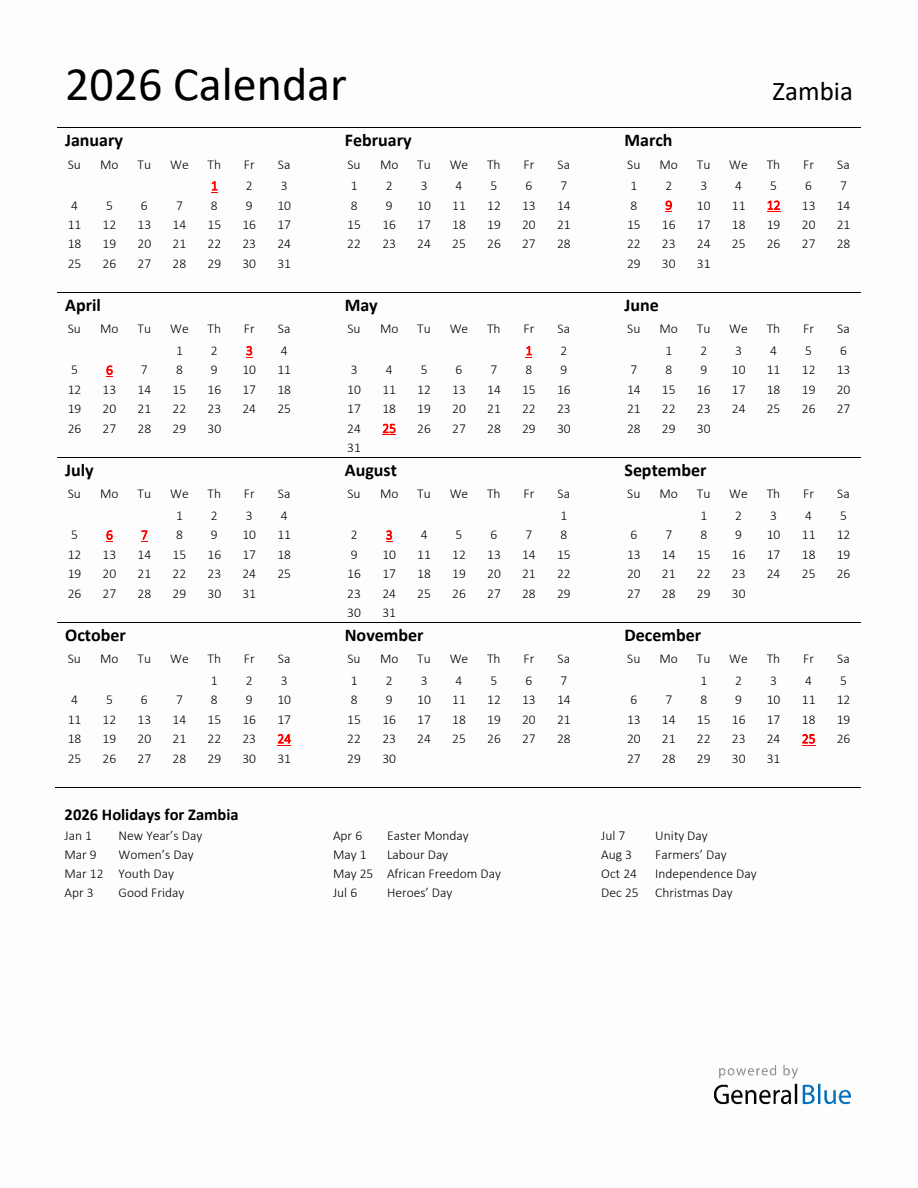 Standard Holiday Calendar for 2026 with Zambia Holidays