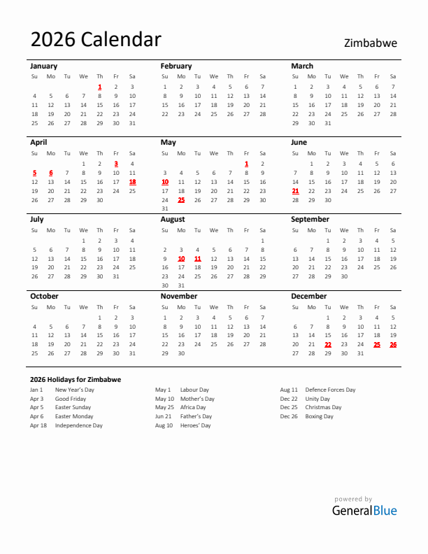Standard Holiday Calendar for 2026 with Zimbabwe Holidays 