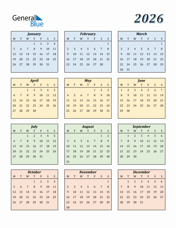 Calendar for 2026 (Monday Start)