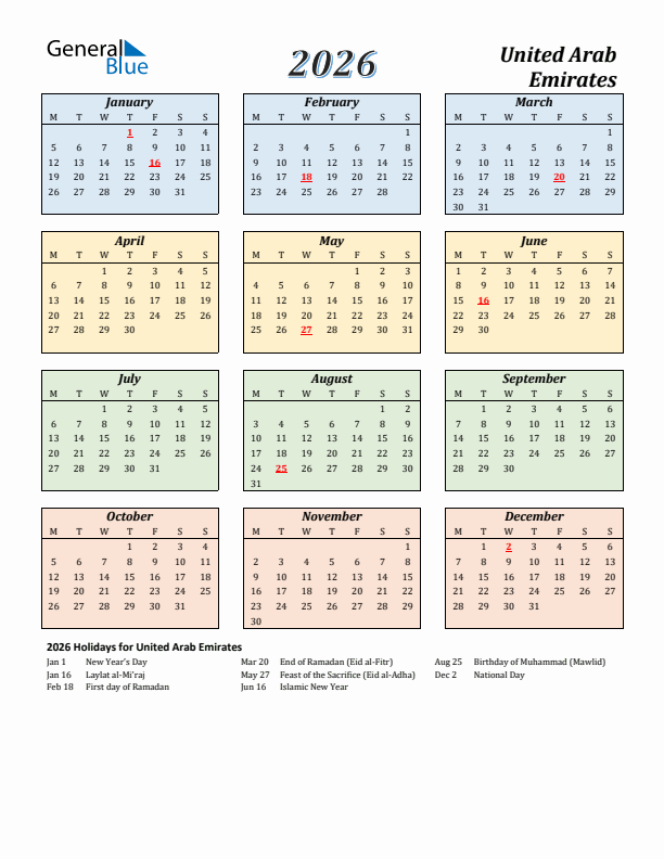 United Arab Emirates Calendar 2026 with Monday Start