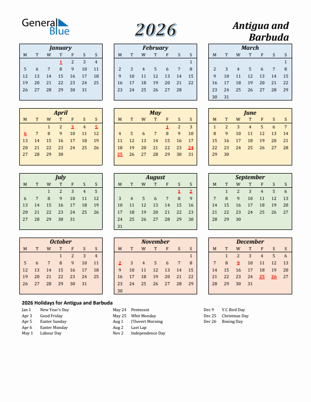 Antigua and Barbuda Calendar 2026 with Monday Start