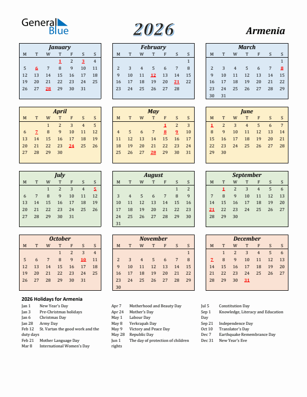 Armenia Calendar 2026 with Monday Start