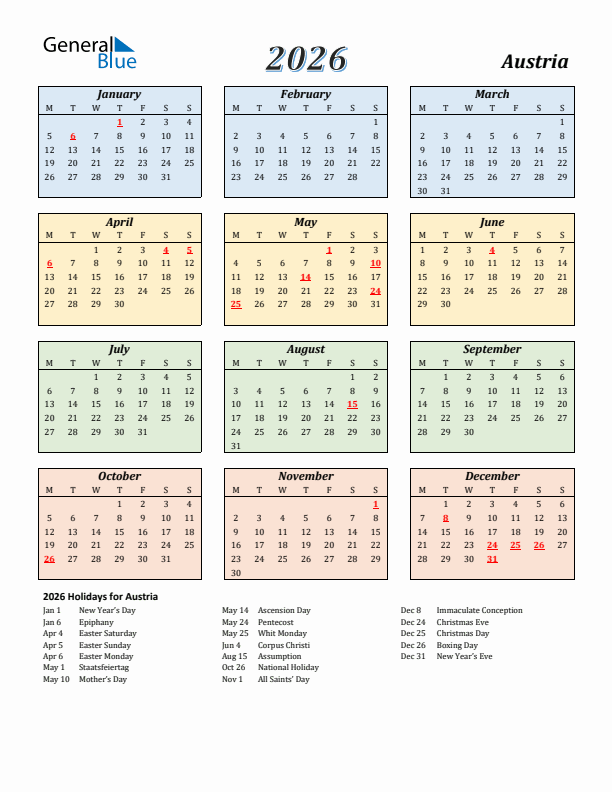 Austria Calendar 2026 with Monday Start