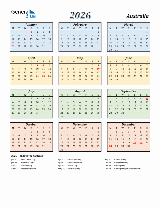 Australia Calendar 2026 with Monday Start