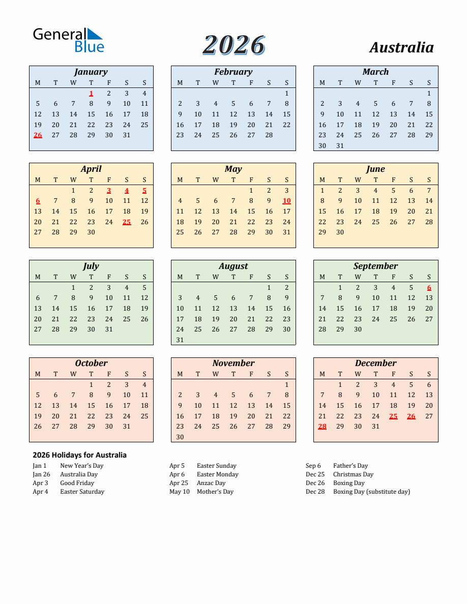 2026 Australia Calendar with Monday Start