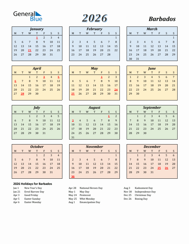Barbados Calendar 2026 with Monday Start