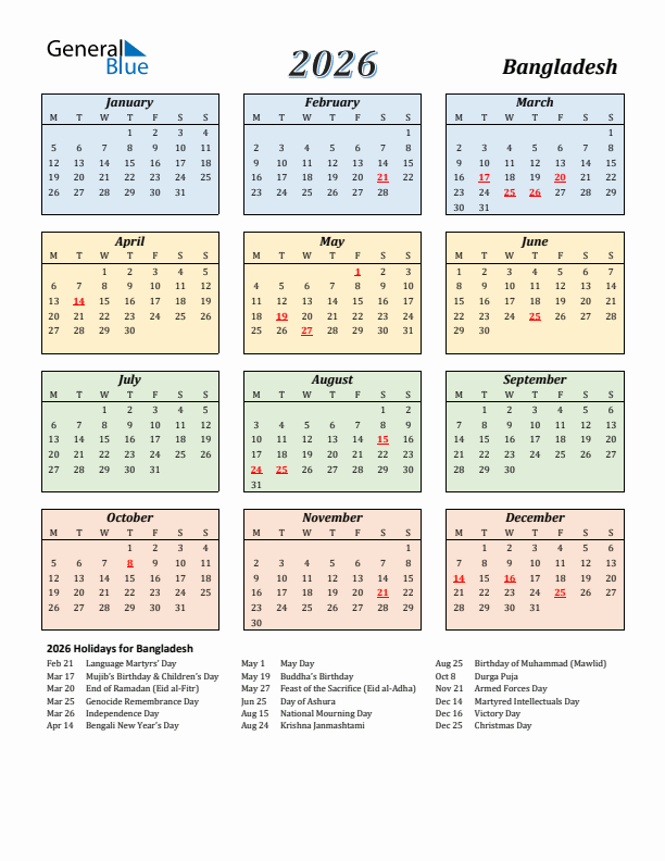 Bangladesh Calendar 2026 with Monday Start