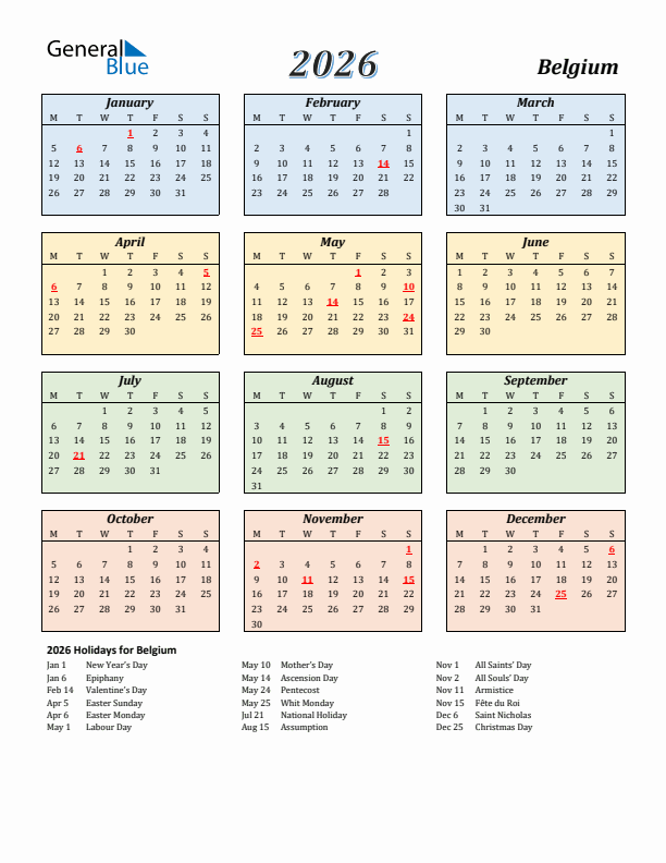Belgium Calendar 2026 with Monday Start
