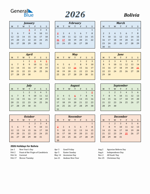 Bolivia Calendar 2026 with Monday Start