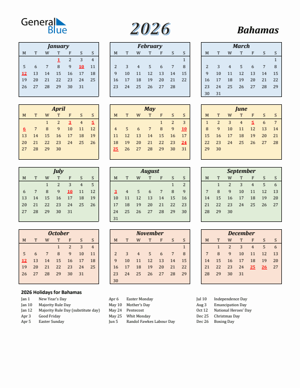 Bahamas Calendar 2026 with Monday Start
