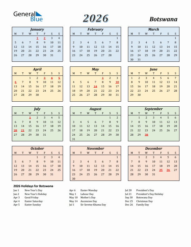 Botswana Calendar 2026 with Monday Start