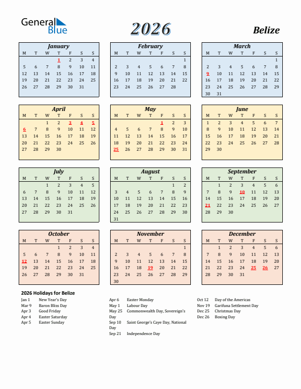 Belize Calendar 2026 with Monday Start