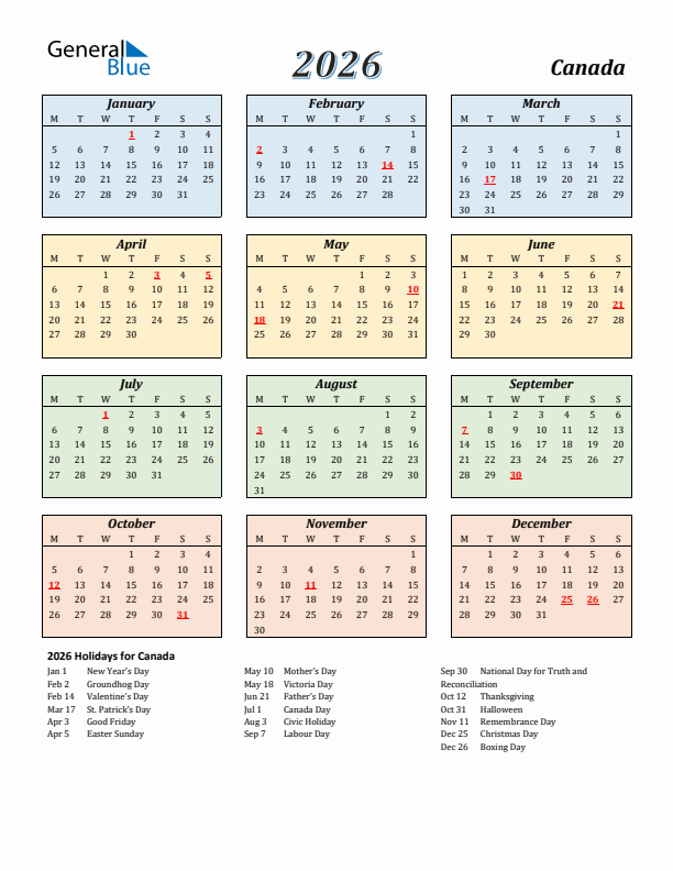 Canada Calendar 2026 with Monday Start