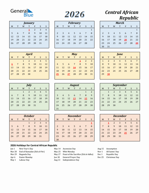 Central African Republic Calendar 2026 with Monday Start