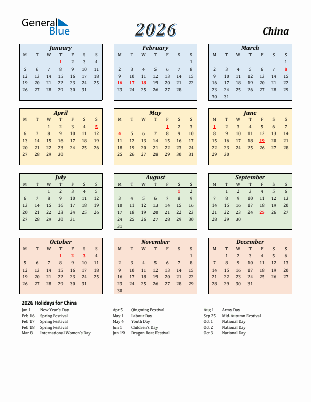 China Calendar 2026 with Monday Start