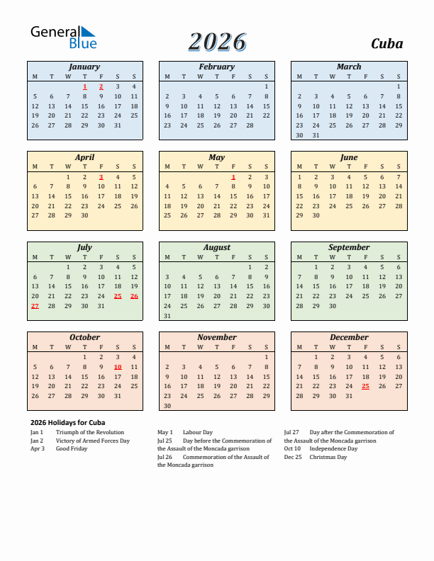 Cuba Calendar 2026 with Monday Start