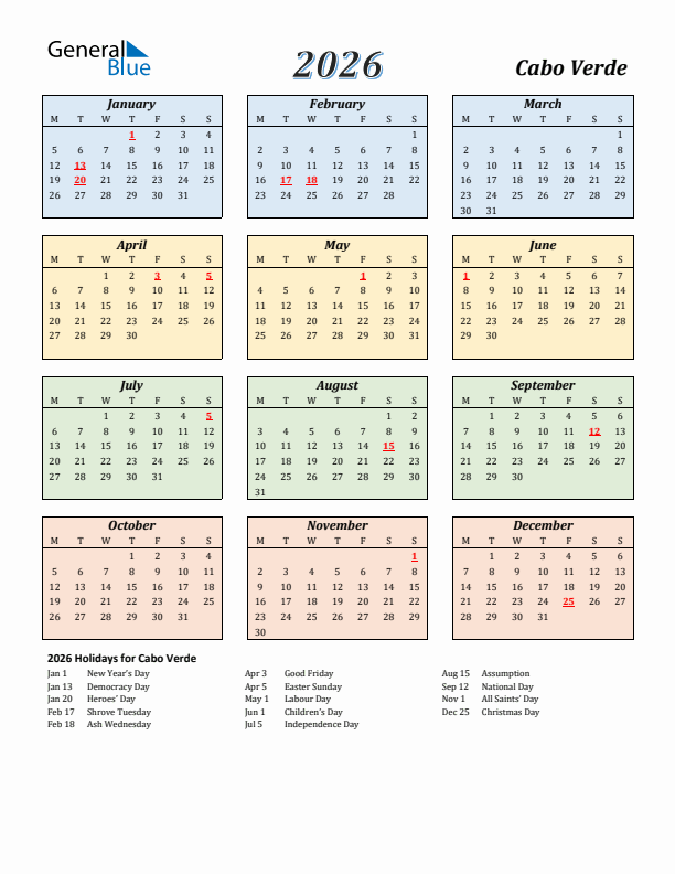 Cabo Verde Calendar 2026 with Monday Start