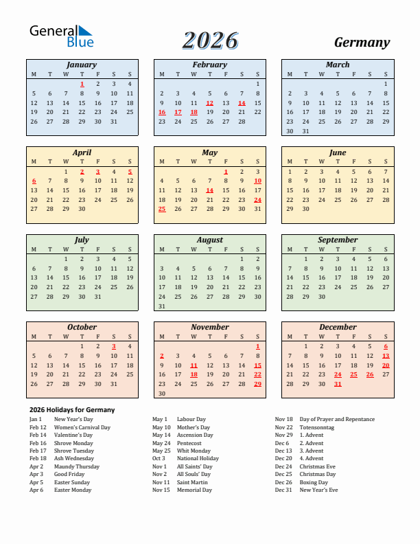 Germany Calendar 2026 with Monday Start