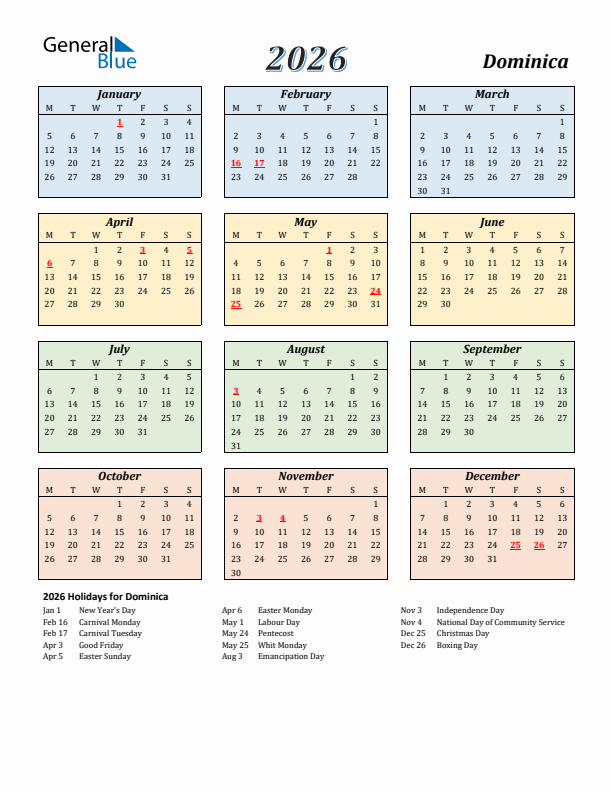 Dominica Calendar 2026 with Monday Start