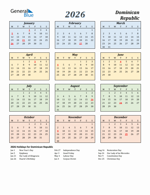 Dominican Republic Calendar 2026 with Monday Start