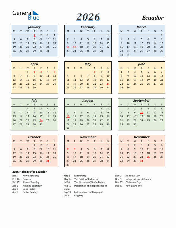 Ecuador Calendar 2026 with Monday Start