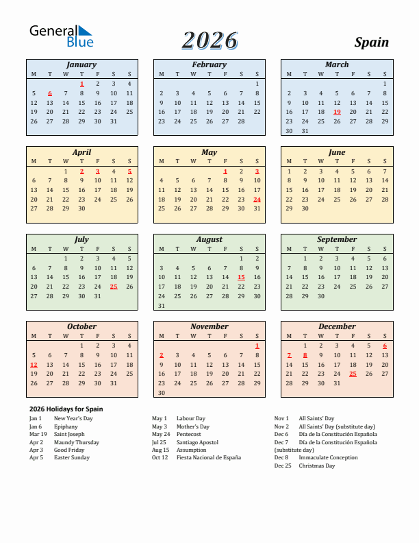 Spain Calendar 2026 with Monday Start