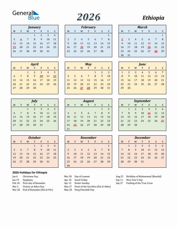 Ethiopia Calendar 2026 with Monday Start